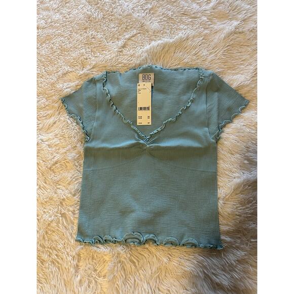 BDG Urban Outfitters Crop Top Baby Tee Rubber Ruffles Cap Sleeve Size L Blue - Picture 4 of 6